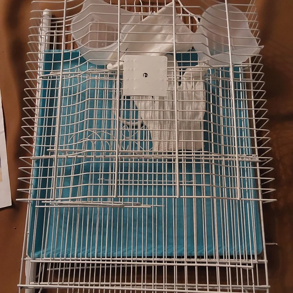 Small bird travel cage with blue plastic removable tray